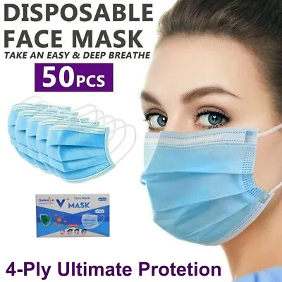 Disposable Face Mask 50 Pcs 4-Ply V+ Protection Medical Masks 5 Packs 10 • $7