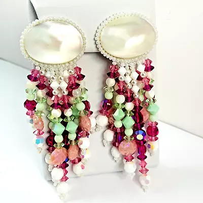 Vintage Mother Of Pearl Crystal Glass Resin Plastic Beaded Dangle Clip Earrings • $19.99