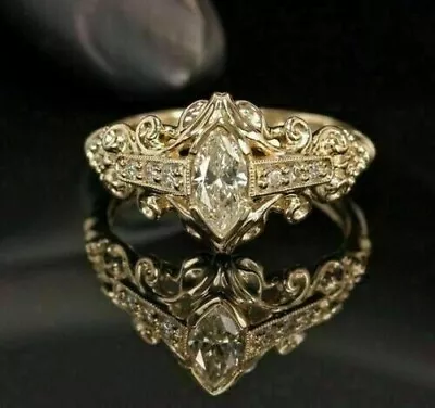 1Ct Vintage Marquise Cut Real Moissanite Engagement Ring 14k Yellow Gold Plated • $160.37