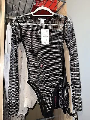 Zara Rhinestone EmbellishedMesh Body Top Black Size S Festival Occasional Casual • £30