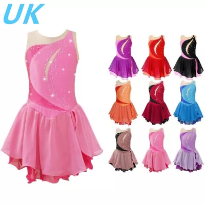 UK Kids Girls Figure Ice Skating Dance Dress Sleeveless Leotard Dress Dancewear • £14.82