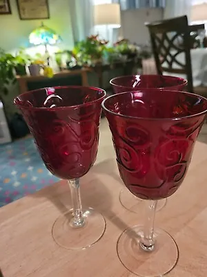 Vintage Ruby Red  With Swirling Design  Set Of 3 Wine Stemware Glasses 6 Oz • $30