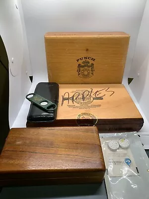 3 Vintage Cigar Wooden Boxes (Aliados/Punch/Tabacalera) + Travel Case + Cutter  • $24.99