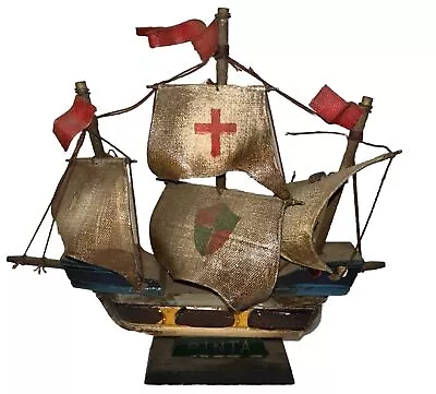 Vtg Wooden Model Ship With Cloth Sails 7” Replica Of The Pinta Detailed Colorful • $14