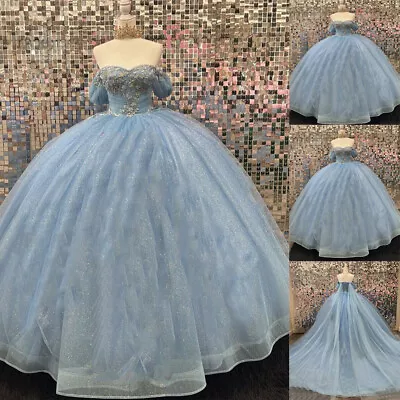 Sky Blue Princess Quinceanera Dresses Glitter Sweet 16 Beaded Pageant Ball Gowns • $143.99