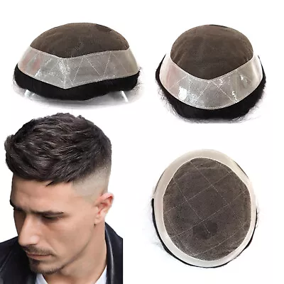 Mens Toupee French Lace Human Hair Replacement System Skin Sides Hairpiece #1B • £83.99