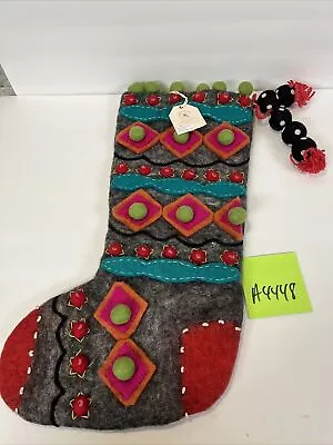 19” French Knot Lindsay Mason Grey Wool Hand Felt Ornamental Christmas Stocking • £34.76