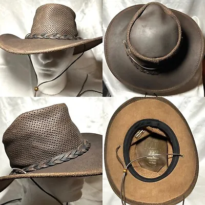MINNETONKA Brown Leather Fold-Up Packable Handmade Fedora Hat Size Medium • $42.95