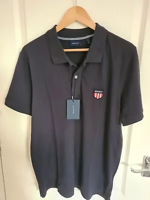 Gant Men Retro Shield Logo Pique Polo Shirt Marine UK Large L • £30