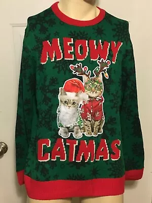 Ugly Christmas Sweater Meowy Catmas Cats Kitten Snowflakes Green Mens Womens L • $11.99