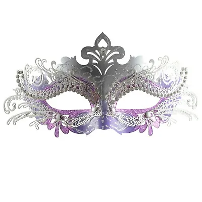 Masquerade Mask Purple Lace Metal  | Venetian Silver Diamante Wedding Ball Mask • £8.99