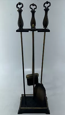 Antique Brass Toned Fireplace Tool Set & Stand Mid Century • $75