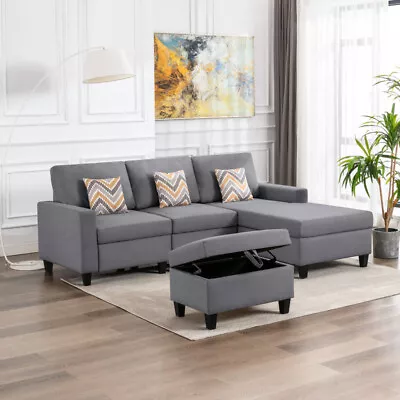 Modern 95.5 Gray Linen Reversible Sofa Chaise W/Storage Ottoman And Pillows • $1321.89