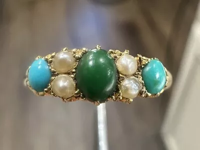 Antique English Victorian Etruscan 18k Yellow Gold Turquoise Pearl Ring Sz 7 • $41