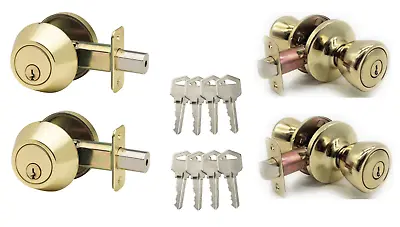 [2-PACK] Keyed Alike Deadbolt Entry Door Knob Lock Combo Set Polished Brass • $45.99