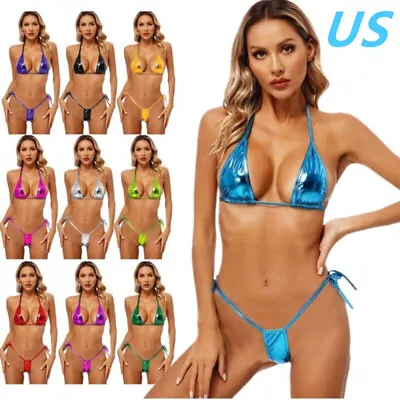 US Women Shiny Metallic Bikini Sets 2 Piece Bra With Micro Thong Bathing Suits • $6.57