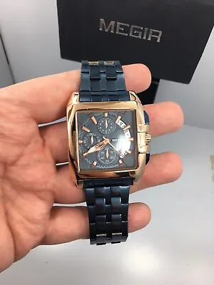 NEW Mens Mega Huge Big Face Rose Gold GP Blue Steel Hip Hop Watch Megir With Box • $69.99