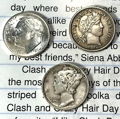 Mercury Dime Barber Dime & Bu Roosevelt Dime 3 Coin Set 90% Silver Free Ship • $11.99