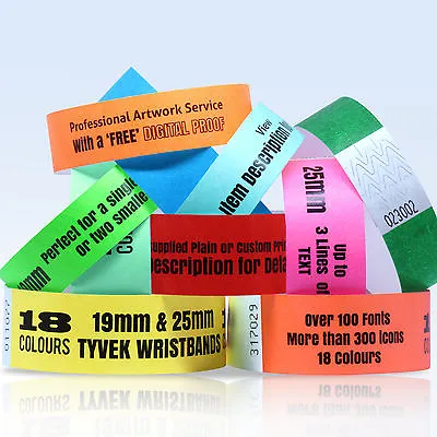 £3.29 • Buy CUSTOM PRINTED TYVEK WRISTBANDS: QUANTITY 100 BANDS 19 Or 25mm WIDTH 18 COLOURS