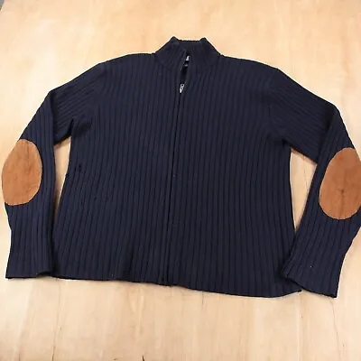 Vtg POLO RALPH LAUREN Ribbed Wool Elbow Patch Full Zip Cardigan Sweater LARGE • $29
