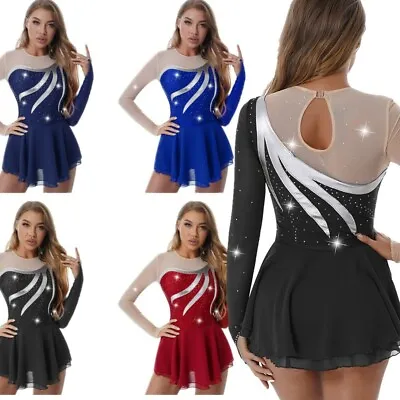 Figure Ice Skating Dress Lady Shiny Rhinestone Leotard Competition Costume Skirt • £11.27