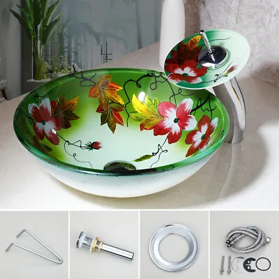 £69.98 • Buy Round Lotus Tempered Glass Bathroom Basin Bowl Vessel Sink Mixer Tap Drain Set