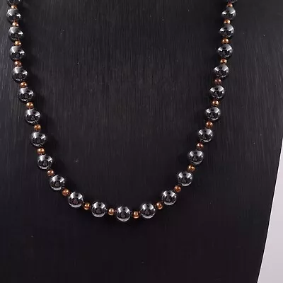 Statement Necklace Hematite 8mm Beads Gold Tone Spacers 49cm Collar Length • £7.99