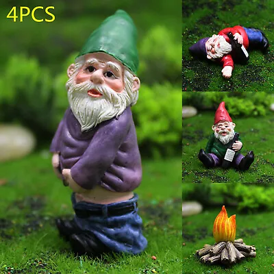 4x Miniature Garden Drunk Gnome Elves Micro Landscape Ornaments Moss Decorations • £5.79