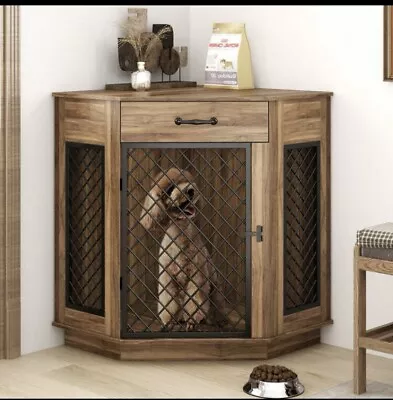 Corner Dog Crate Furniture With Drawer Wooden Kennel End Table Small Medium Dog • $85.99