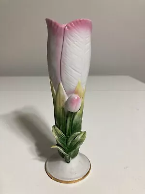 Vtg Pottery Tulip Vase White Green Pink Gold Edge Base 6  H • $11.50