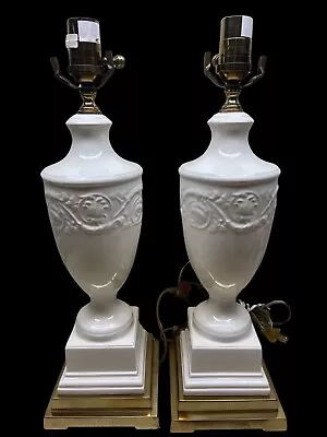 Pair Of EUC Wedgwood Embossed Queensware Cream 19  Lamps Gorgeous -Working • $195