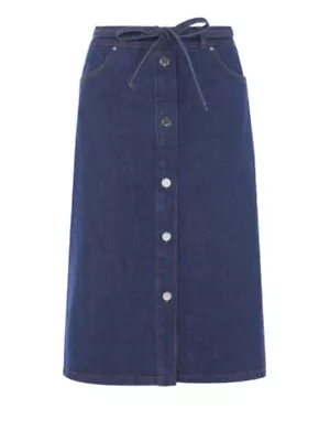 Karen Millen  Blue Denim Jean  Button Up  Midi Skirt With Tie Belt Uk 10 • £32