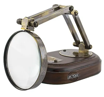 Vintage Adjustable 5X Magnifying Glass On Wood Base Stand Antique TableTop Decor • $40