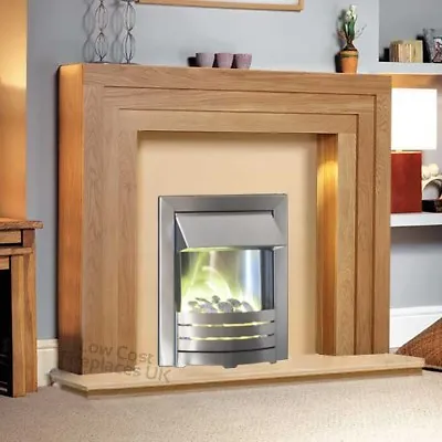 Electric Oak Wood Stepped Surround Modern Flame Steel Fire Fireplace Suite 48  • £604