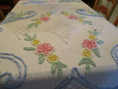 Farmhouse Chic Vtg 50s Floral Ribbed Stripes Bedspread 86x96 Darling See Pics • $56.25