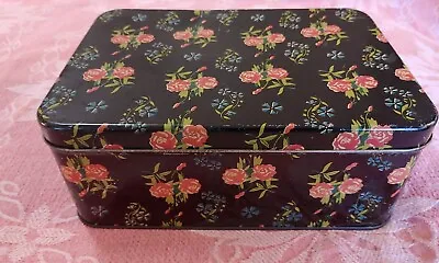 Vtg.  Black W/Pink Roses Flowers Metal Rectangle Cookie Biscuit Tin 1940s-1950s • $11.99