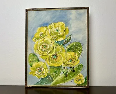 Vintage Original Oil Painting Yellow Cactus Flowers Framed Canvas Board • $39.95