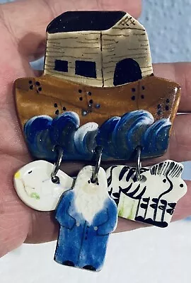 Vintage Noah's Ark Pin Brooch Clay Ceramic Art Pop Art Colorful God Zebra Fish • $7.19