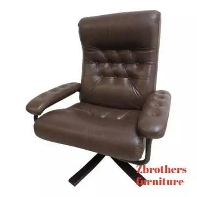 Vintage Mid Century Leather Tuft Swivel Arm Lounge Chair Danish  Modern • $779