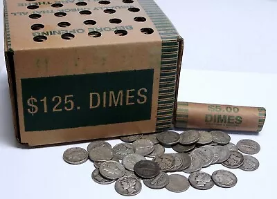 Box Of 25 Rolls Of Circulated 90% Silver Mercury Dimes • $2600