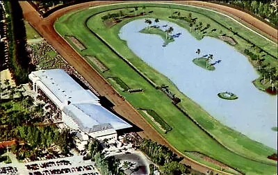 Infield Lake Clubhouse And Grandstand Hiaheah Race Course Miami Florida ~ 1960s • $2.66