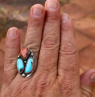 Heavy Vintage Men's Navajo Sterling Red Coral & Kingman Turquoise Ring Size 11 • $99.20