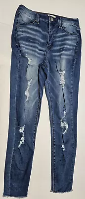 Mudd FLX Size 9 Ankle Jegging Distressed Denim Blue Jeans Frayed Legs High Rise • $10