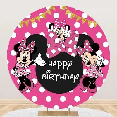 Round Cartoon Minnie Mouse Backdrops Birthday Party Photo Background Supplies • $46.79