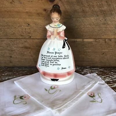 Vintage Enesco Dinner Prayer Lady Napkin Holder Japan With 6 Cloth  Embroidered • $48