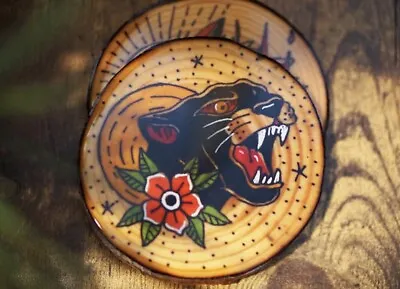 Wild Panther II - Set Of 4 | Traditional Tattoo Wooden Coasters By PrimitivArt • $64