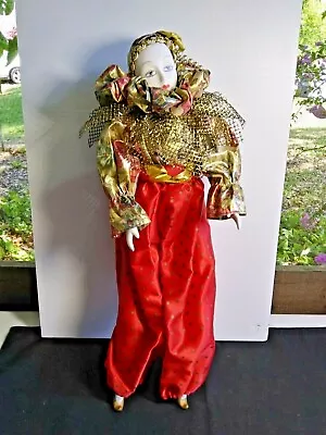 Porcelain Face Doll Harlequin Mardi~Gras Jester Carnival Soft Body 1970-1990's • $10