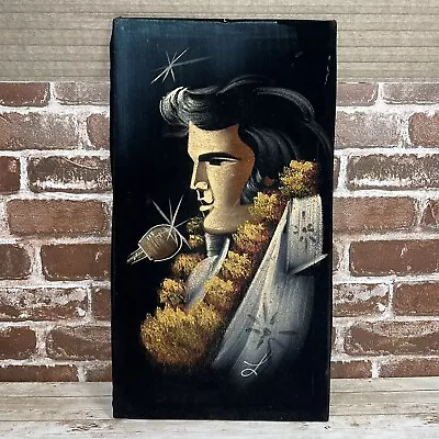 Vintage Elvis With Garland Lei Painting On Black Velvet Unframed 20” X 11” As Is • $34.99