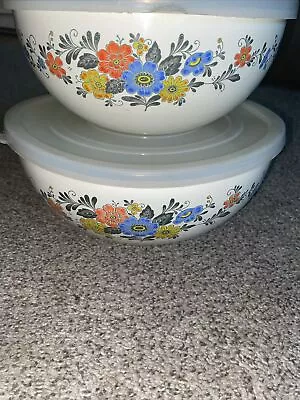 Kitchen Mixing Bowls Kobe Enamelware Metal Nesting Poppies Daisy Set Of 2 • $0.99