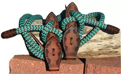 Double Braid Mecate Reins TurquoiseBrown 10’ Hand Stamped Leather Slobber Straps • $49.99